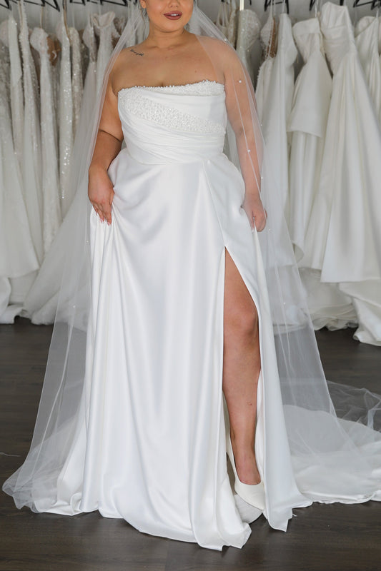 A-Line Court Train Detachable Strap Pearl Wedding Dress