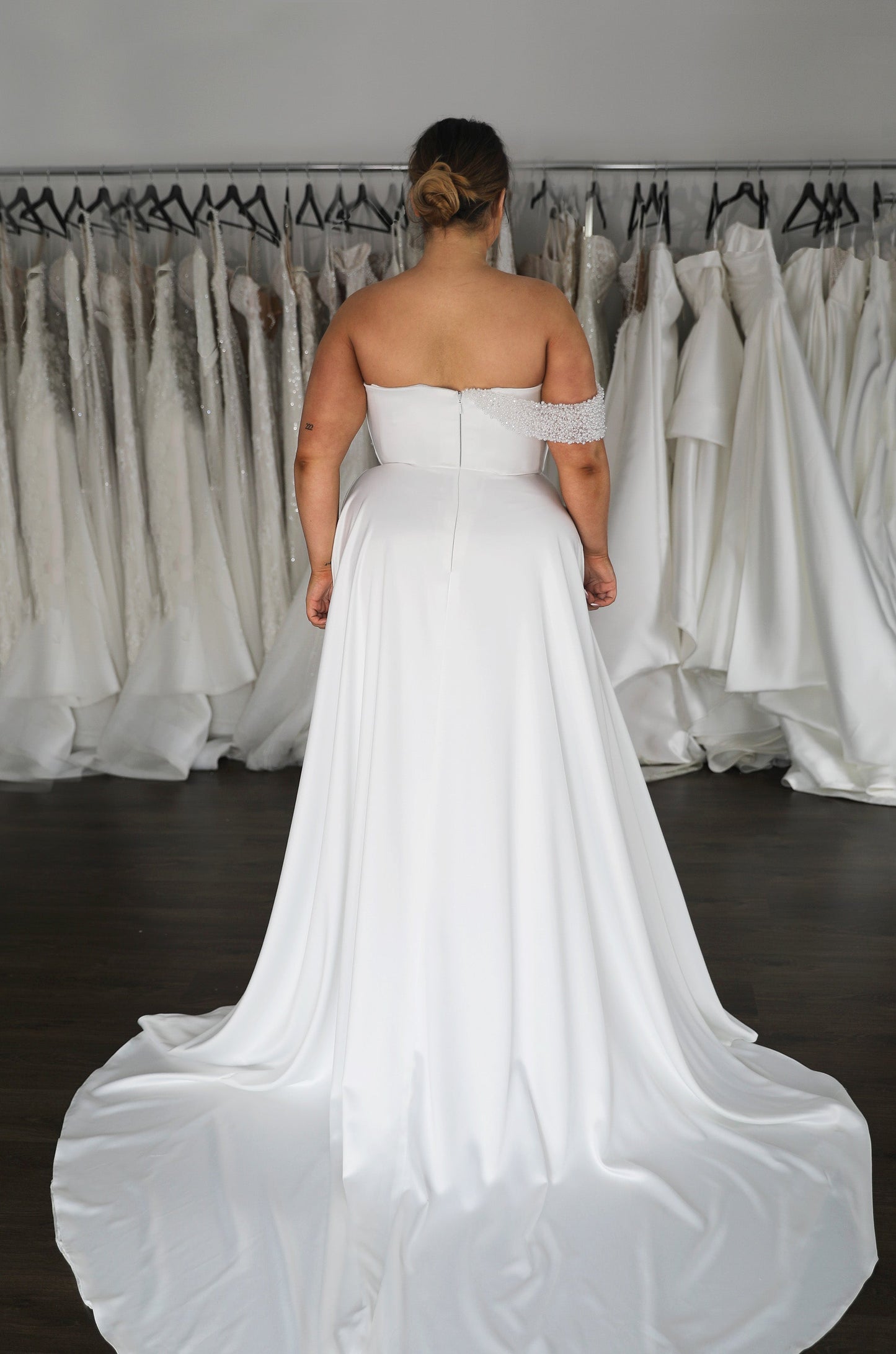 A-Line Court Train Detachable Strap Pearl Wedding Dress