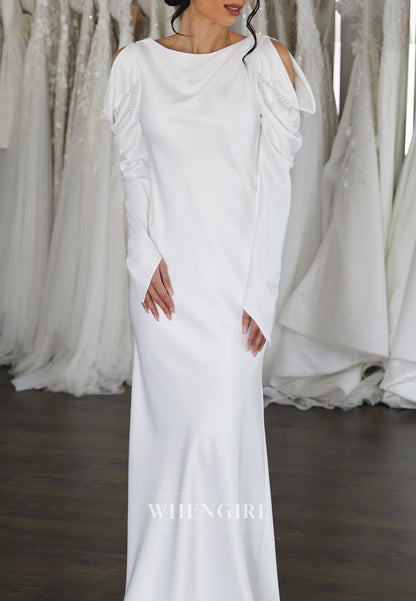 Simple Long Sleeves Bateau Neck V back Column Floor Length Wedding Dress
