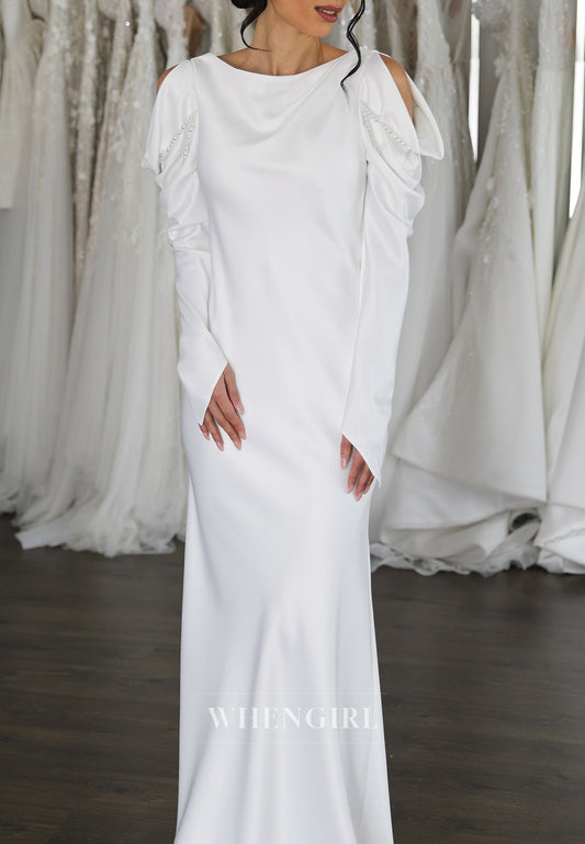 Simple Long Sleeves Bateau Neck V back Column Floor Length Wedding Dress