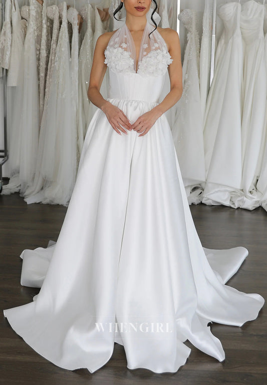 V Neck Halter Floral Sleeveless A-Line Back Zipper Satin Wedding Dress with Court Train