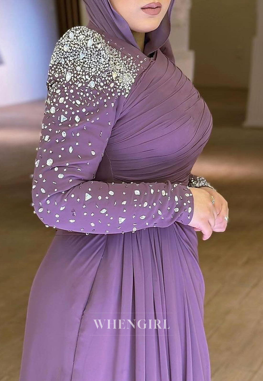 Tahiti A-Line Floor Length Beaded Long Sleeves Ruched Formal Dress