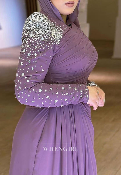 Tahiti A-Line Floor Length Beaded Long Sleeves Ruched Formal Dress