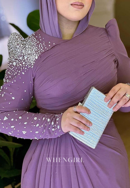 Tahiti A-Line Floor Length Beaded Long Sleeves Ruched Formal Dress