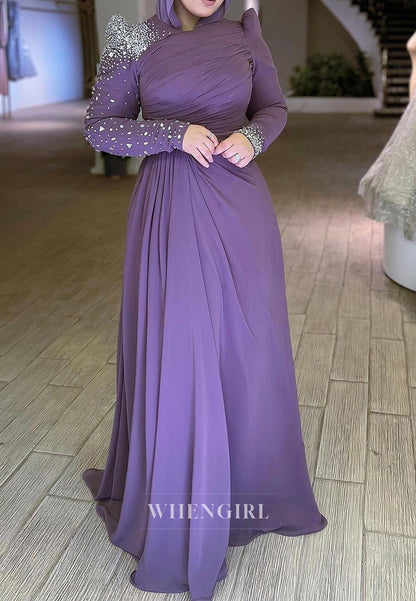 Tahiti A-Line Floor Length Beaded Long Sleeves Ruched Formal Dress
