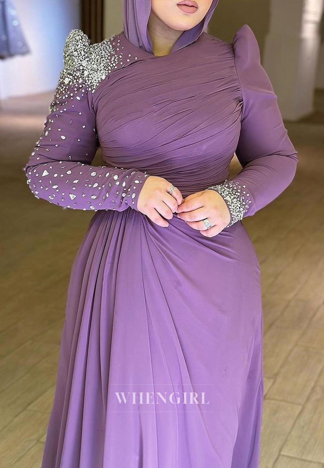 Tahiti A-Line Floor Length Beaded Long Sleeves Ruched Formal Dress