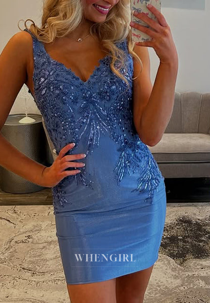 Blue V Neck Beaded Sleeveless Sheath Short Homecoming Dress
