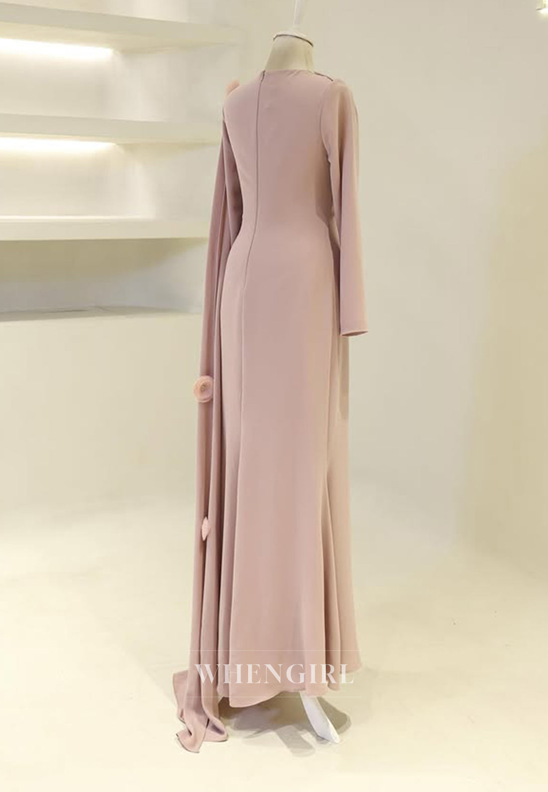 Sheath Long Sleeves 3D Flowers Bateau Neck Side Train Back Zipper Long Formal Evening Gown