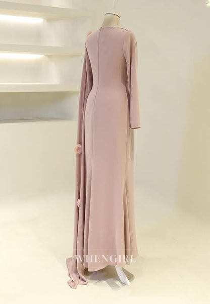 Sheath Long Sleeves 3D Flowers Bateau Neck Side Train Back Zipper Long Formal Evening Gown
