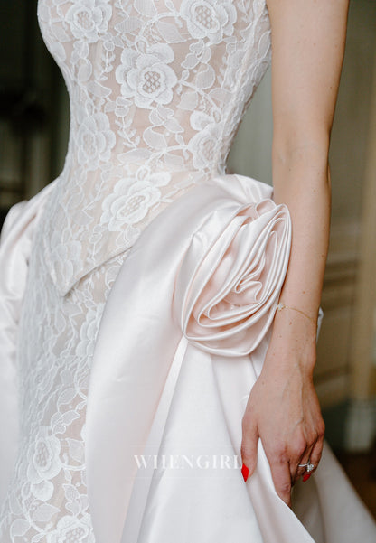 Sheath Appliqued Lace Sleeveless 3D Flower Ruched Chapel Train Wedding Gown