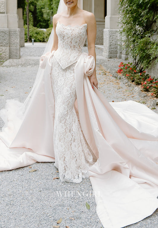 Sheath Appliqued Lace Sleeveless 3D Flower Ruched Chapel Train Wedding Gown