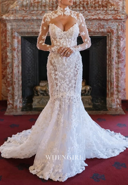 Mermaid Appliqued Lace High Neck Long Sleeves Back Zipper Court Train Wedding Dress