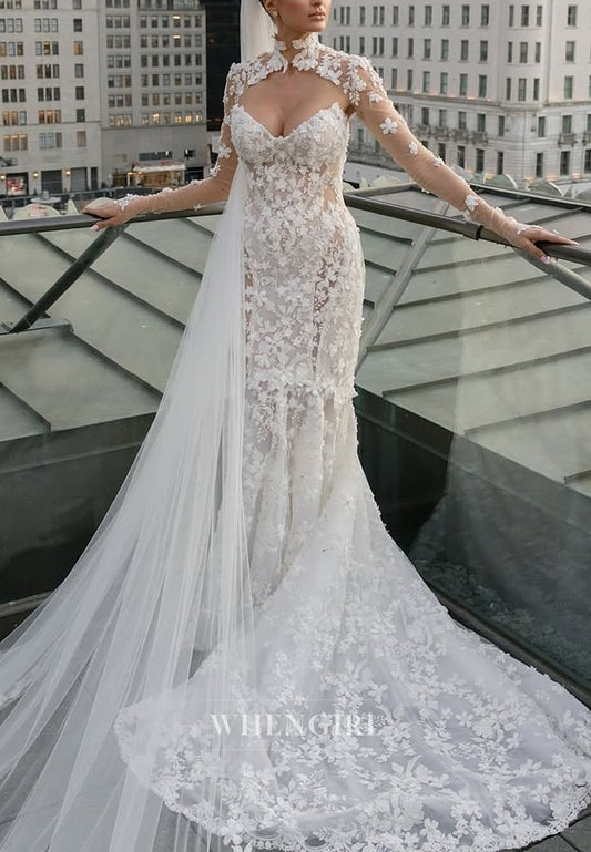 Mermaid Appliqued Lace High Neck Long Sleeves Back Zipper Court Train Wedding Dress