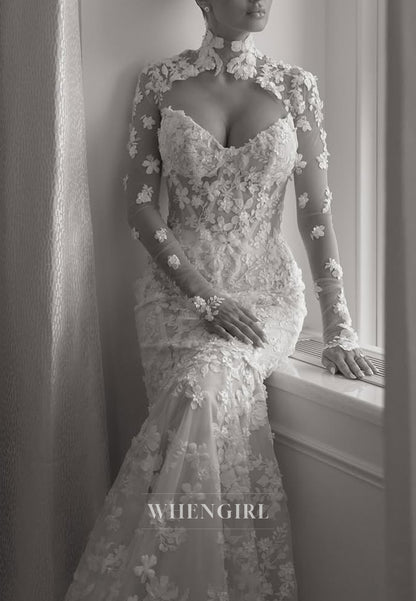 Mermaid Appliqued Lace High Neck Long Sleeves Back Zipper Court Train Wedding Dress