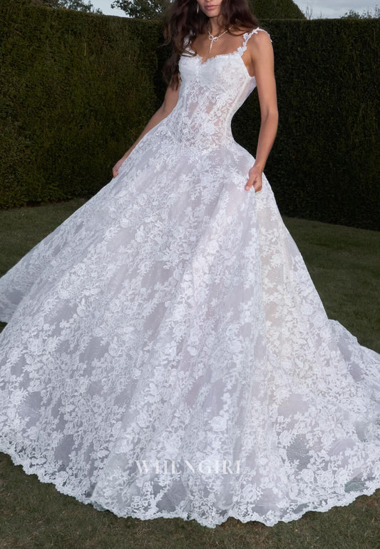 A-Line Sweetheart Lace Appliques Chapel Train Wedding Dress