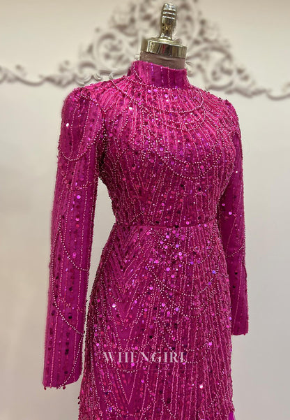 Orchid High Neck Long Sleeves Beaded Feather Sheath Long Evening Formal Dress