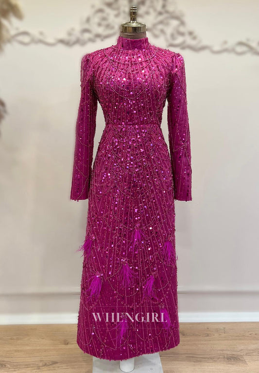 Orchid High Neck Long Sleeves Beaded Feather Sheath Long Evening Formal Dress