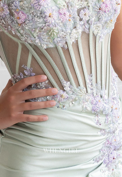 Mint Green Bateau Neck Sleevelss Floral Beade Side Slit Lace Up Sheath Short Homecoming Dress