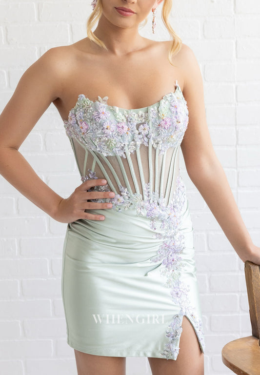 Mint Green Bateau Neck Sleevelss Floral Beade Side Slit Lace Up Sheath Short Homecoming Dress