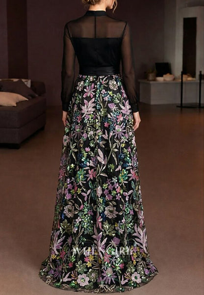 Column Long Sleeves V Neck Embroidery Mother of the Bride Dress