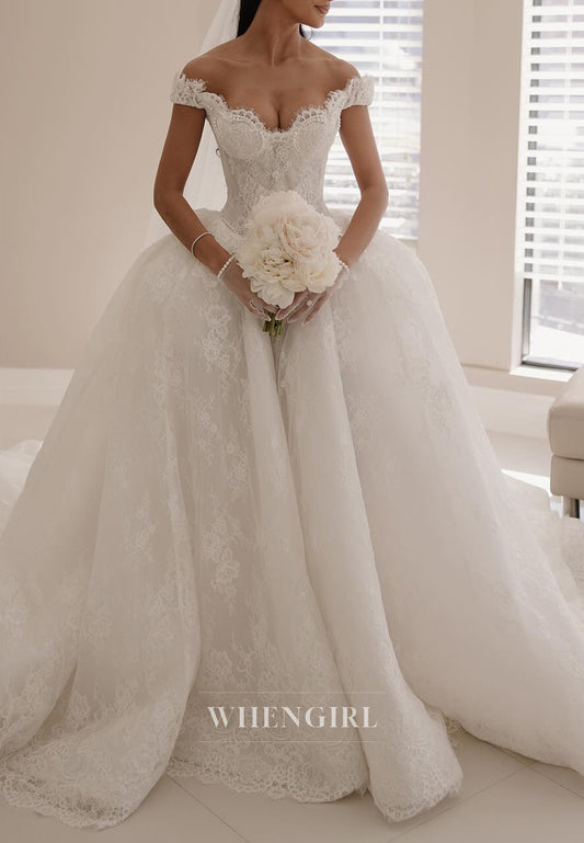 Scalloped Neck Off Shoulder Lace Court Train Sleeveless Ball Gown Wedding Dress