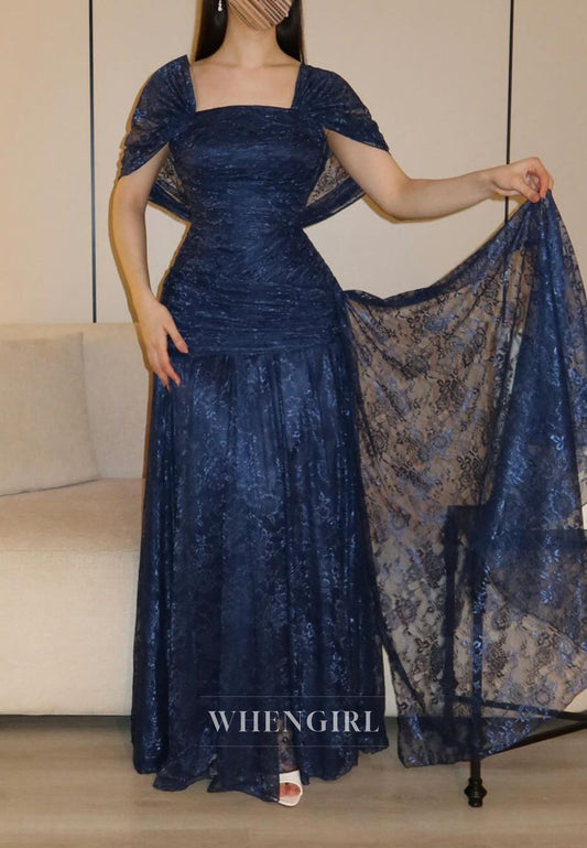 Navy Cape Sleeves Column Lace Formal Evening Dress