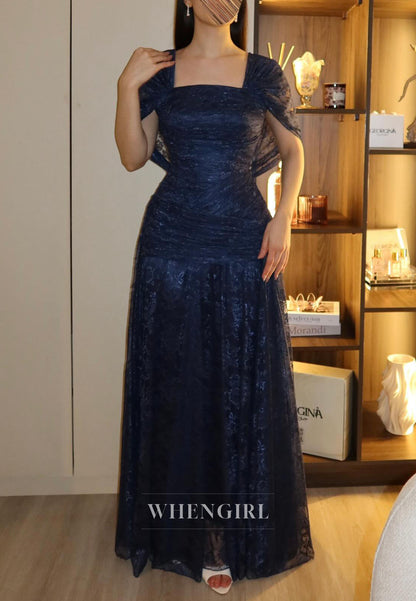 Navy Cape Sleeves Column Lace Formal Evening Dress