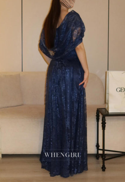 Navy Cape Sleeves Column Lace Formal Evening Dress