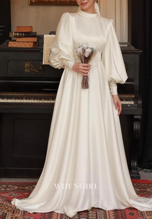 Simple Long Sleeves High Neck A-Line Sweep Train Satin Wedding Dress