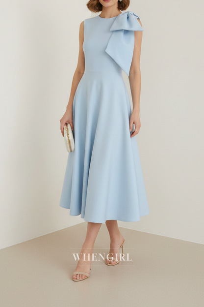Blue Sleeveless Bowknot A-Line Midi Dress