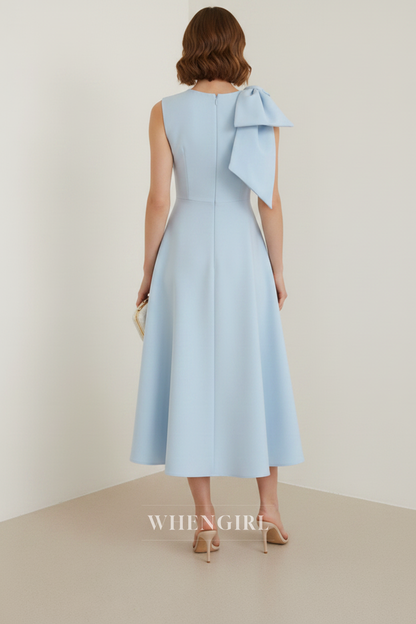 Blue Sleeveless Bowknot A-Line Midi Dress