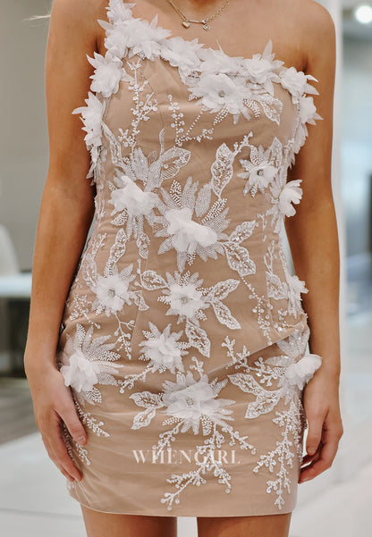 Sand One Shoulder Appliqued Sleeveless Sheath Short Homecoming Dress