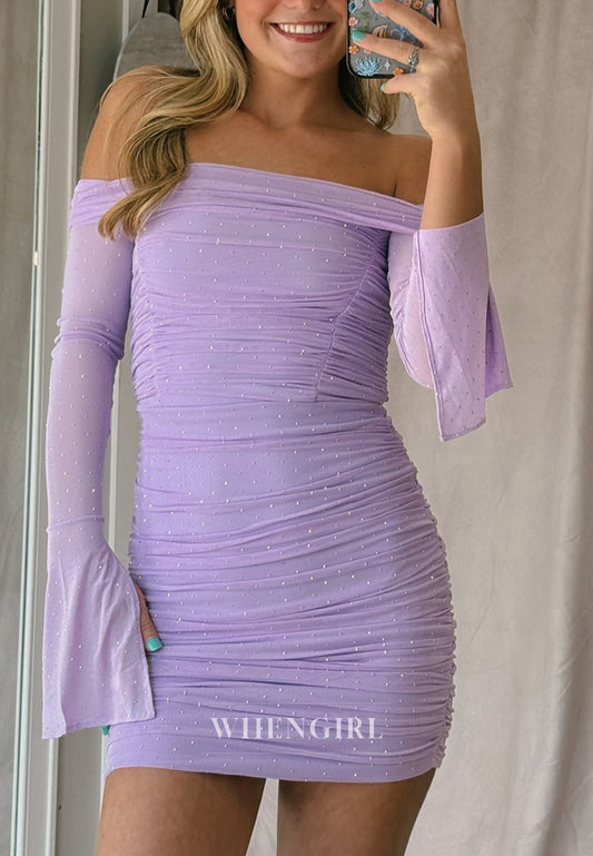 Lilac Off Shoulder Long Sleeves Beaded Pleated Back Zipper Sheath Short Homecoming Dress