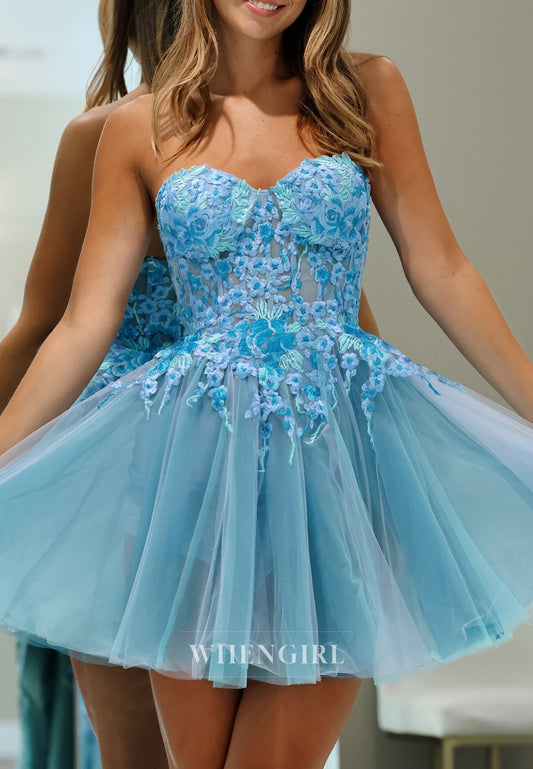 Blue Sweetheart Floral Appliqued A-Line Tulle Short Homecoming Dress