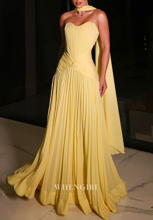 Daffodil Pleated Sleeveless Sweetheart A-Line Draped Evening Dress formal Gown