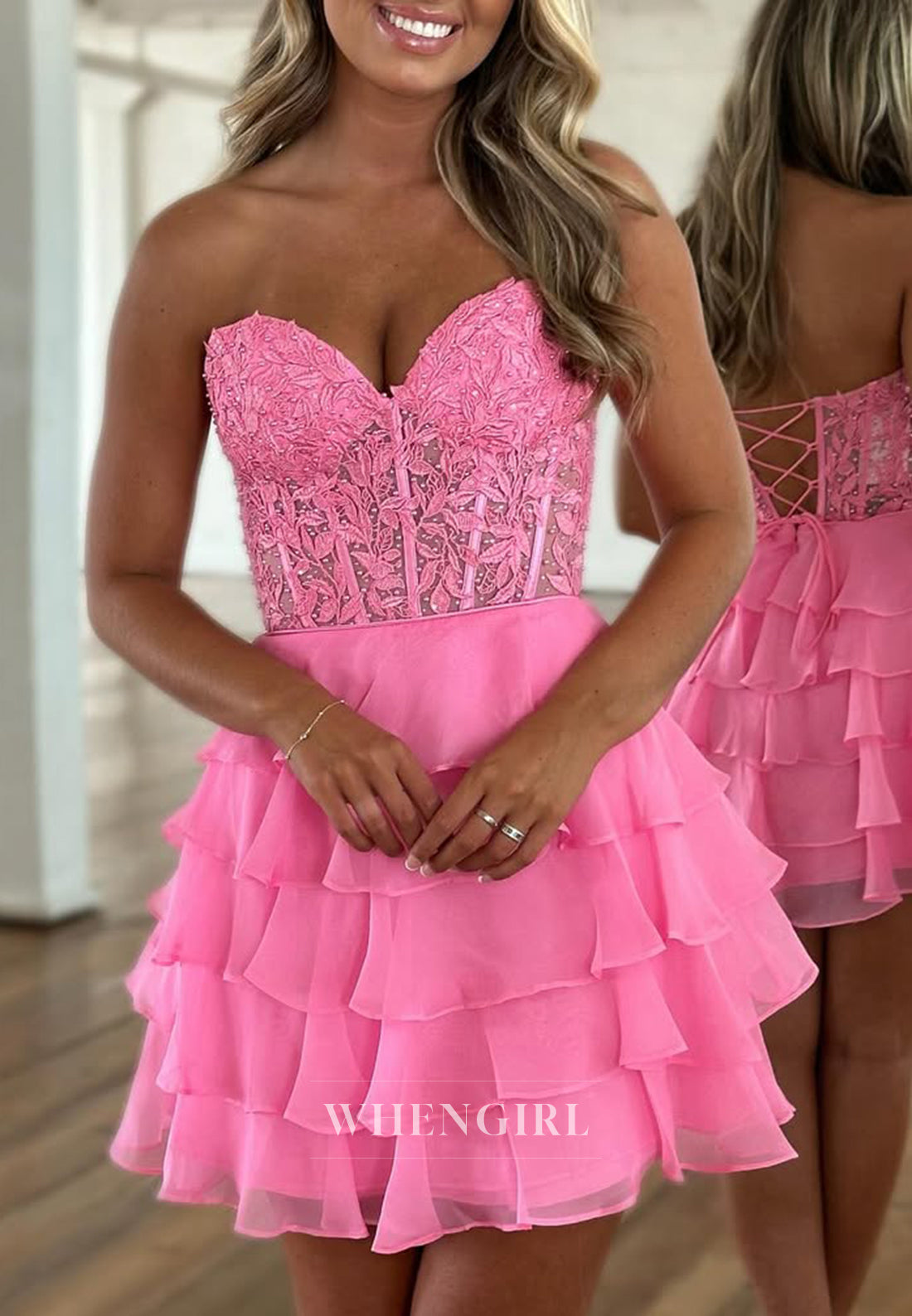 A-Line Sleeveless Appliqued Lace Sweetheart Lace Up Chiffon Tiered Homecoming Dress