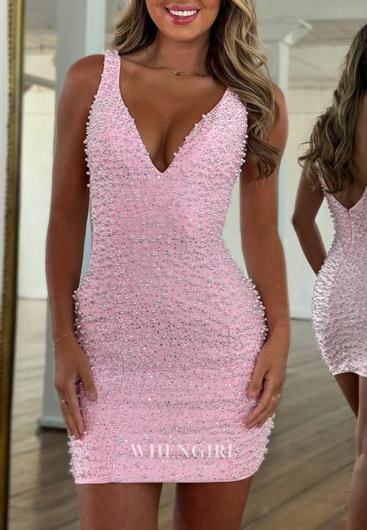 Sheath Regular Straps Sleeveless Beaded Pearls V Neck Homecoming Dress