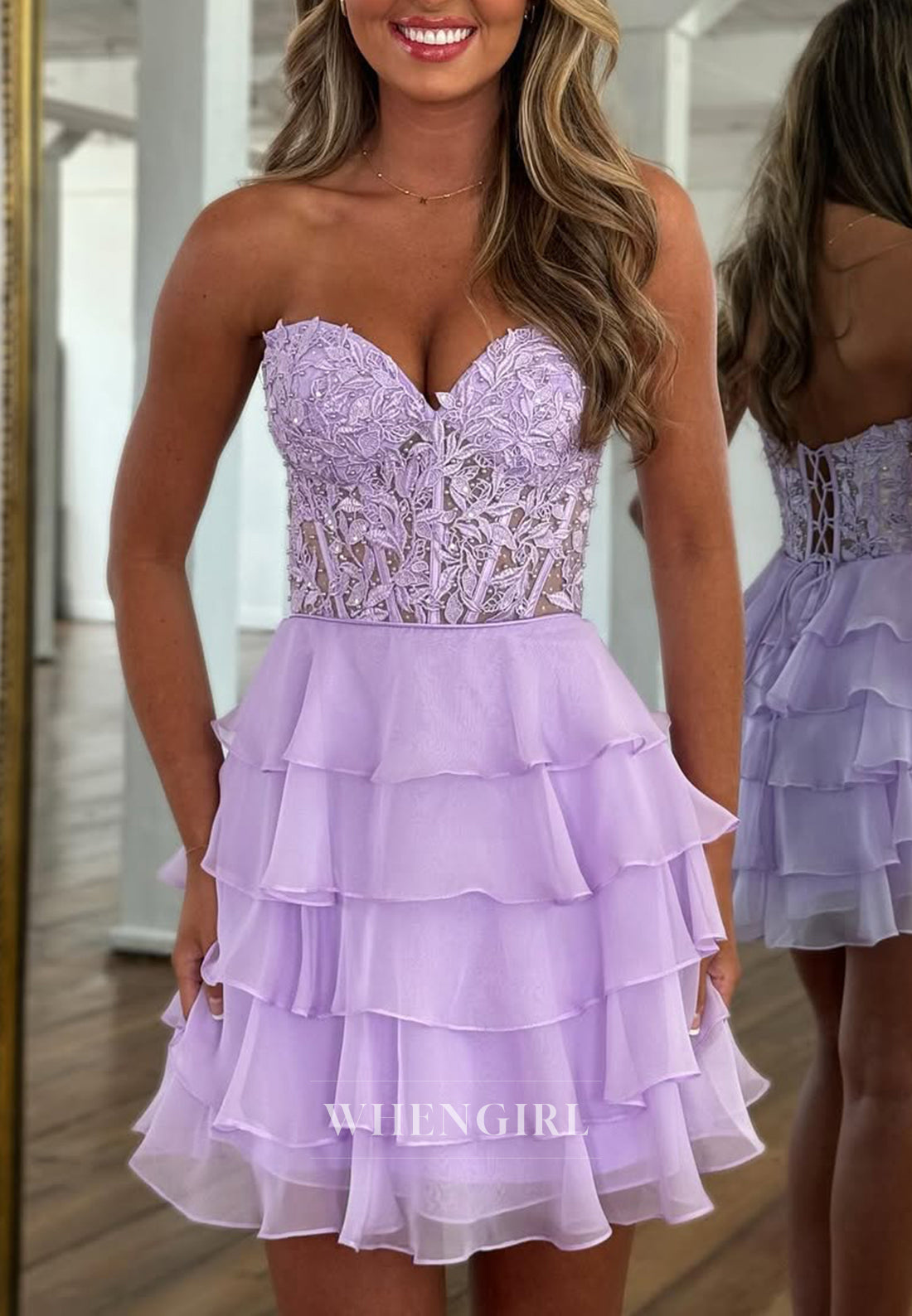 A-Line Sleeveless Appliqued Lace Sweetheart Lace Up Chiffon Tiered Homecoming Dress