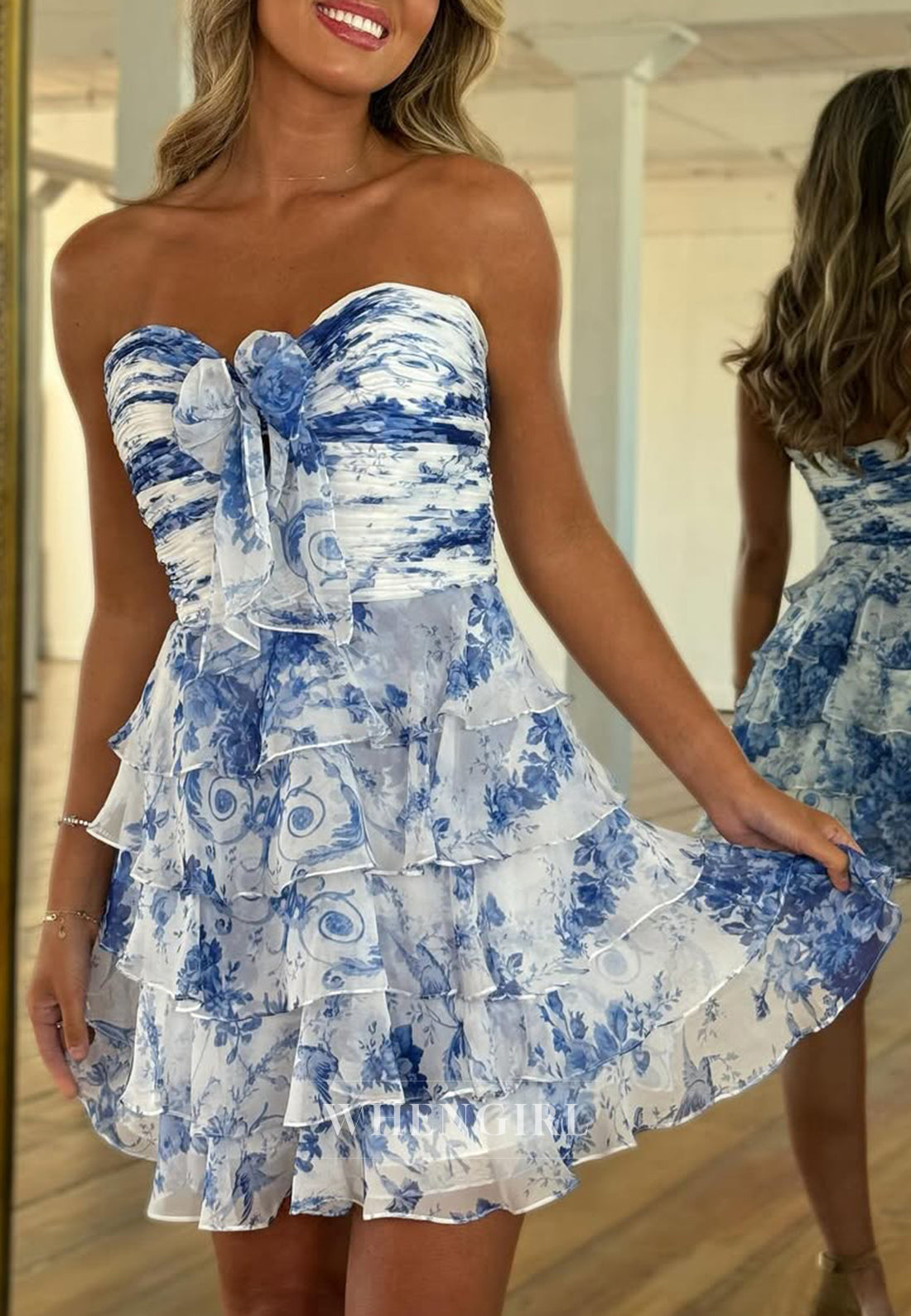 Sweetheart Floral Tiered Tube Top Sleeveless A-Line Short Homecoming Dress