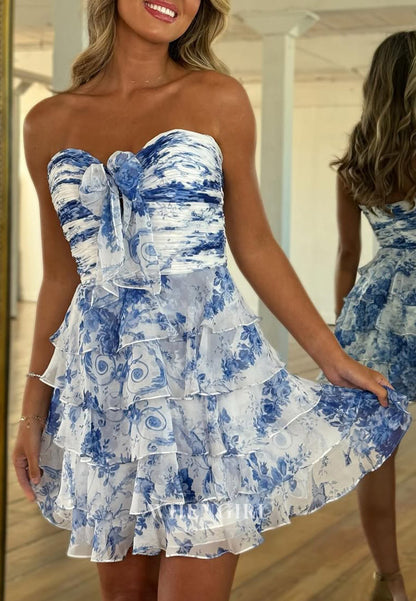 Sweetheart Floral Tiered Tube Top Sleeveless A-Line Short Homecoming Dress