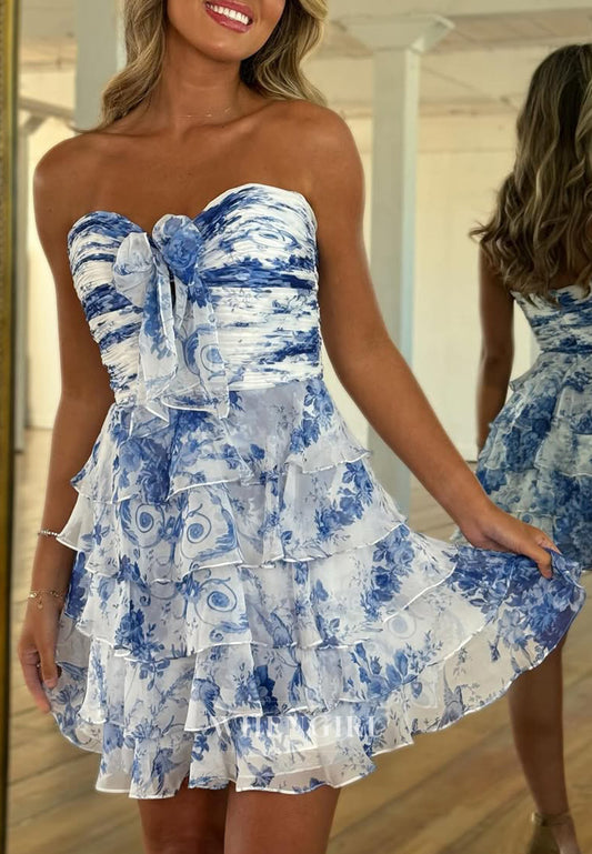 Sweetheart Floral Tiered Tube Top Sleeveless A-Line Short Homecoming Dress