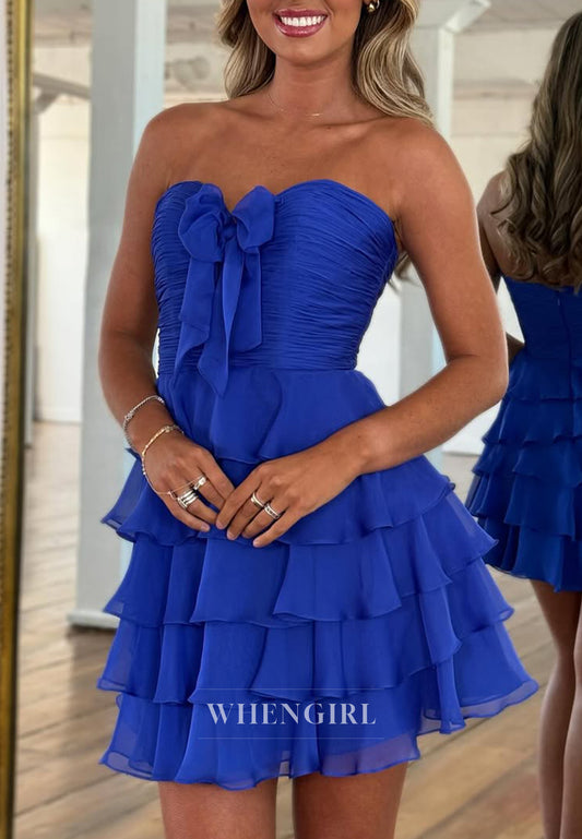 Sweetheart  Sleeveless Bowknot Tiered Chiffon A-Line Homecoming Dress