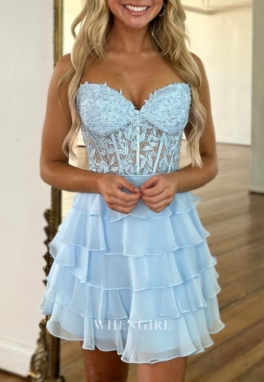 A-Line Sleeveless Appliqued Lace Sweetheart Lace Up Chiffon Tiered Homecoming Dress