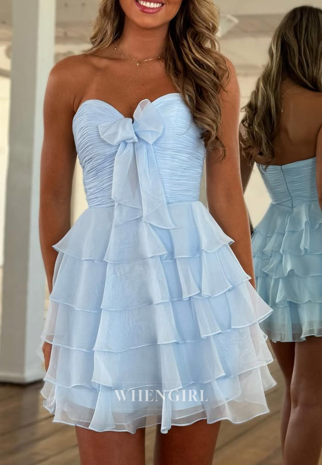 Sweetheart  Sleeveless Bowknot Tiered Chiffon A-Line Homecoming Dress