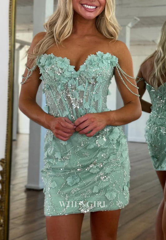 Turquoise Sweetheart Off Shoulder Floral Sheath Back Zipper Sleeveless Homecoming Dress