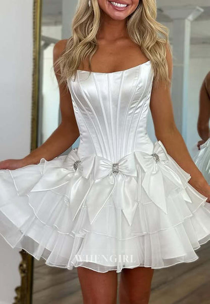 Sleeveless Ruffles Bowknot Strapless Short A-Line Homecoming Dress