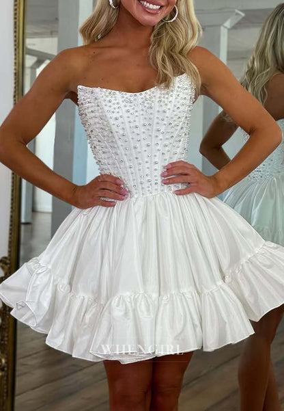 A-Line Ruffle Pearls Sleeveless 8th Grade Dance Beaded Strapless Homecoming Dress