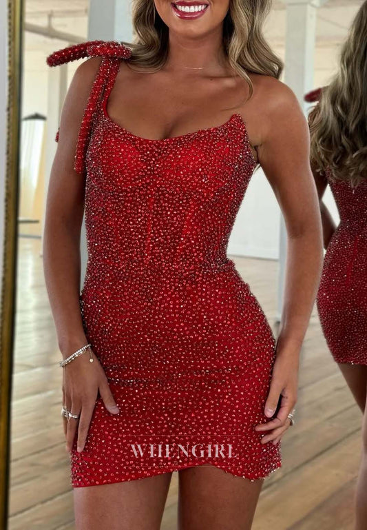 Burgundy One Shoudler Rhinestone Beaded Sheath Short Homecoming Dress