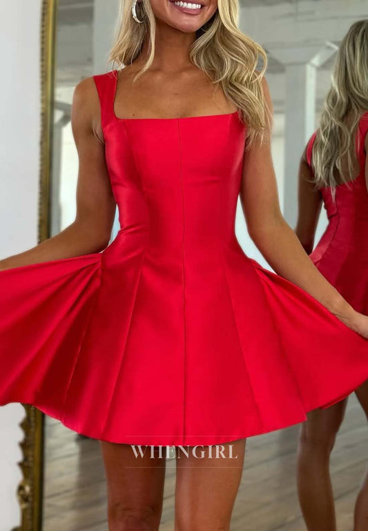 Red Simple Square Neck Sleeveless A-Line Satin Short Homecoming Dress