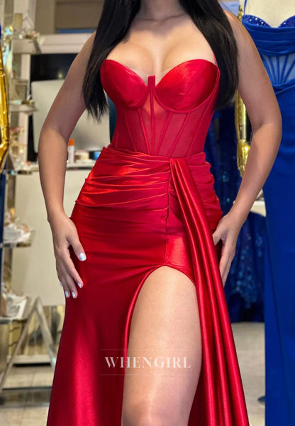 Elegant Spaghetti Straps Sweetheart Sheath Pleated Satin Formal Prom Dresss with Slit
